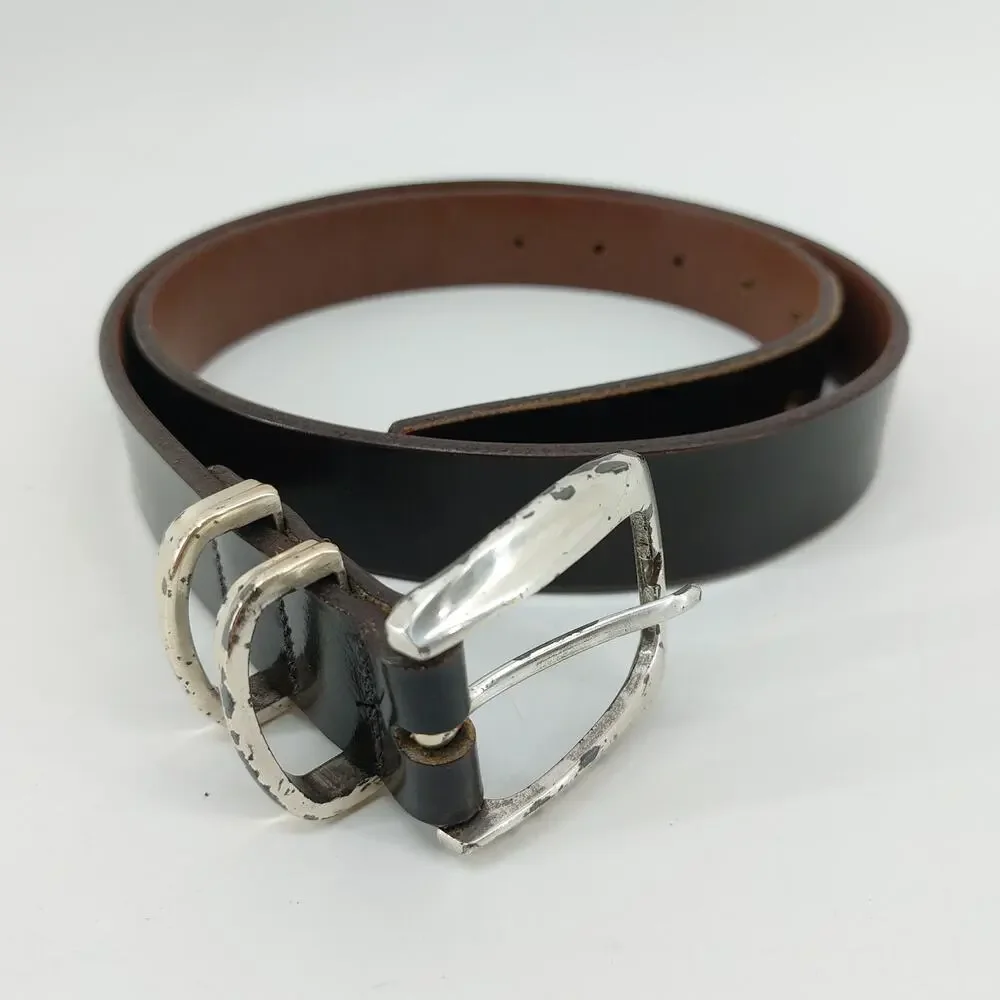 Rockport Black Mens Leather Belt Size 36 Silver Tone Buckle